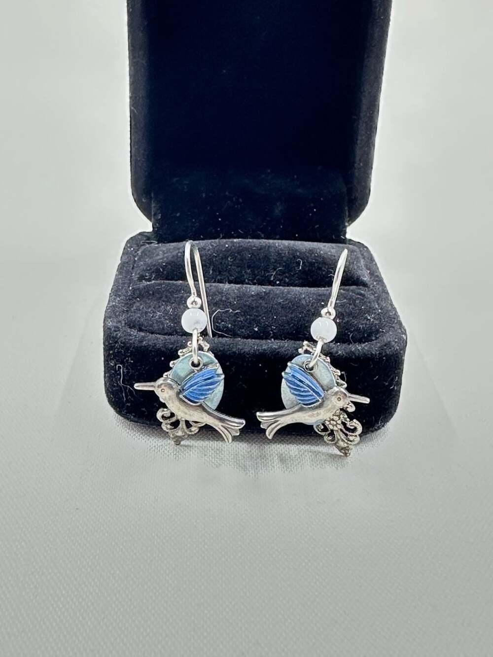 Silver Forest Blue Hummingbird Filigree Drop Earrings